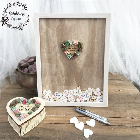 Wooden Wedding frame guest book with Succulent Cactus Personalised