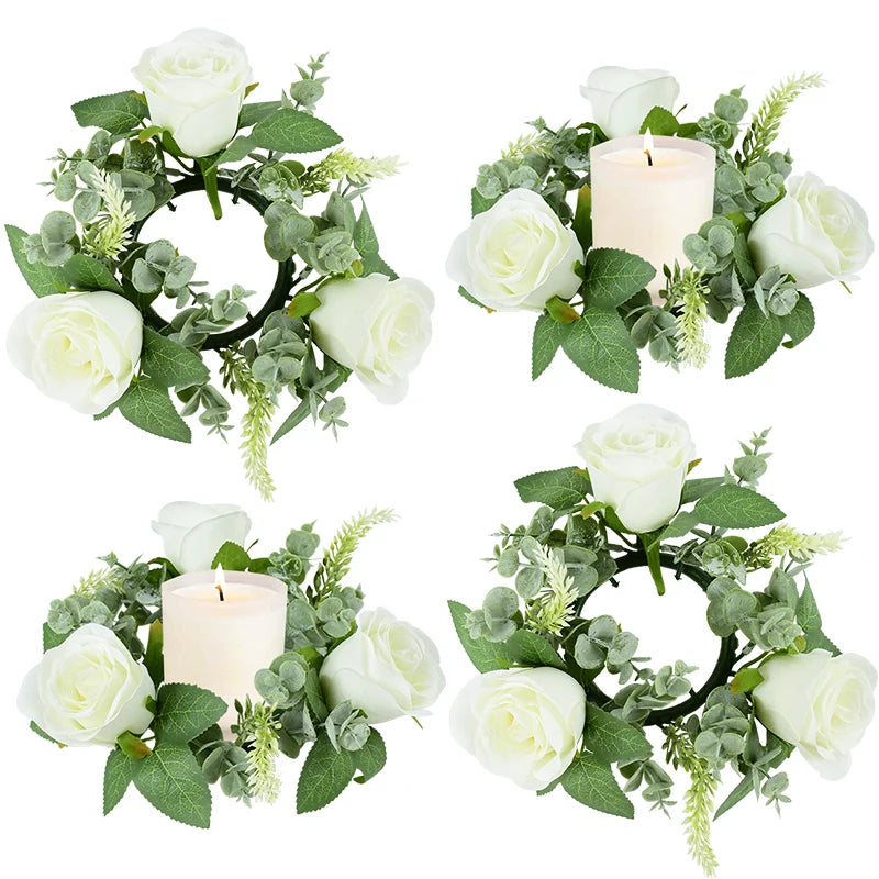 Wedding Candle Holder Artificial Rose Flower Wreath Leaves