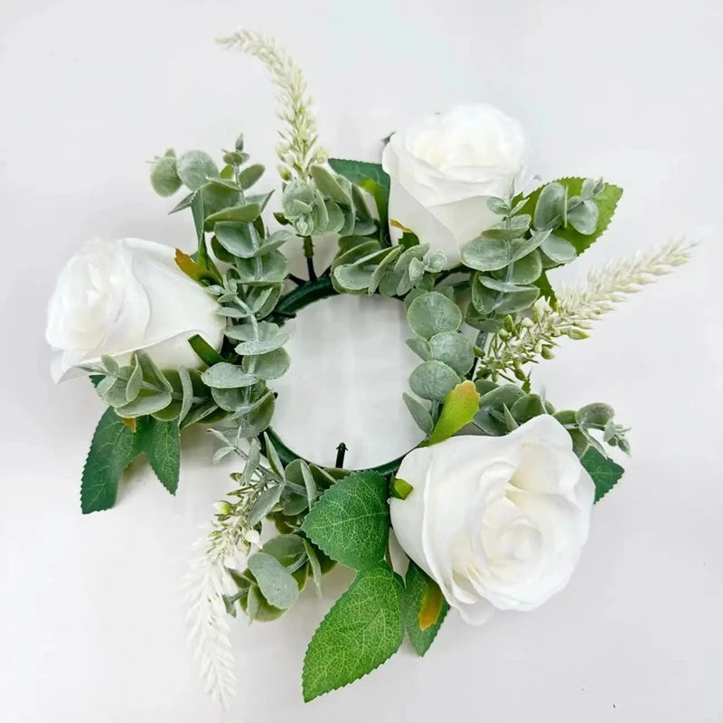 Wedding Candle Holder Artificial Rose Flower Wreath Leaves