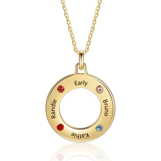 Engraved silver BirthStone circle Necklace lucky charm