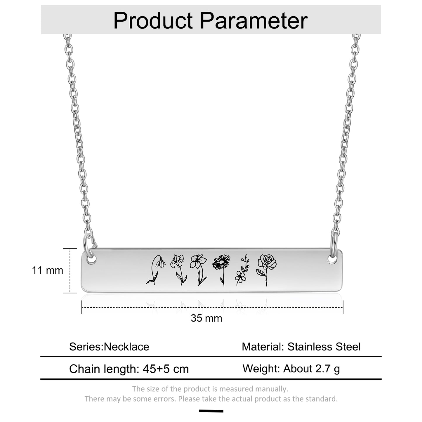 Stainless Steel Birthflower Vertical Bar Necklace