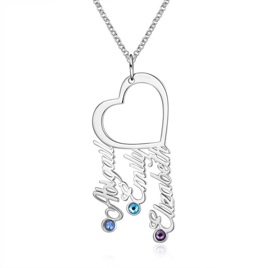 Custom Heart Necklace with hanging names stones s925 silver