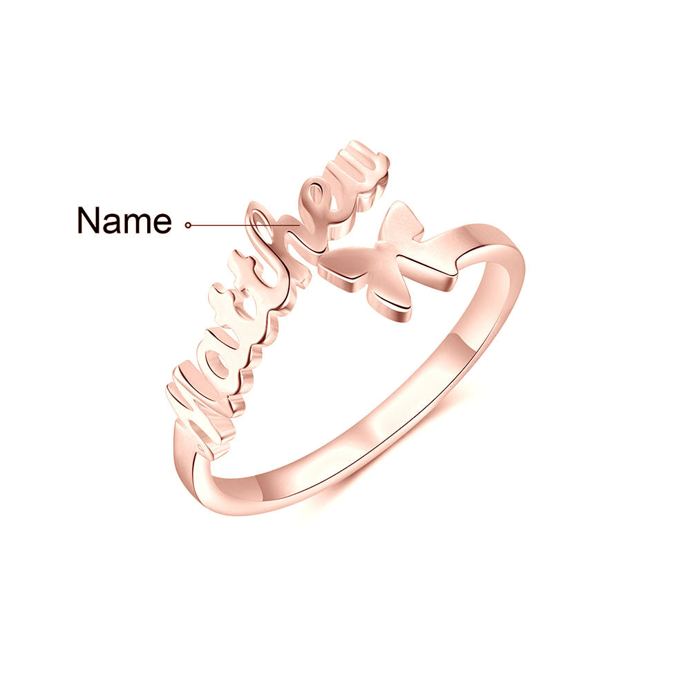 Personalized Rhodium plated Butterfly Name Ring