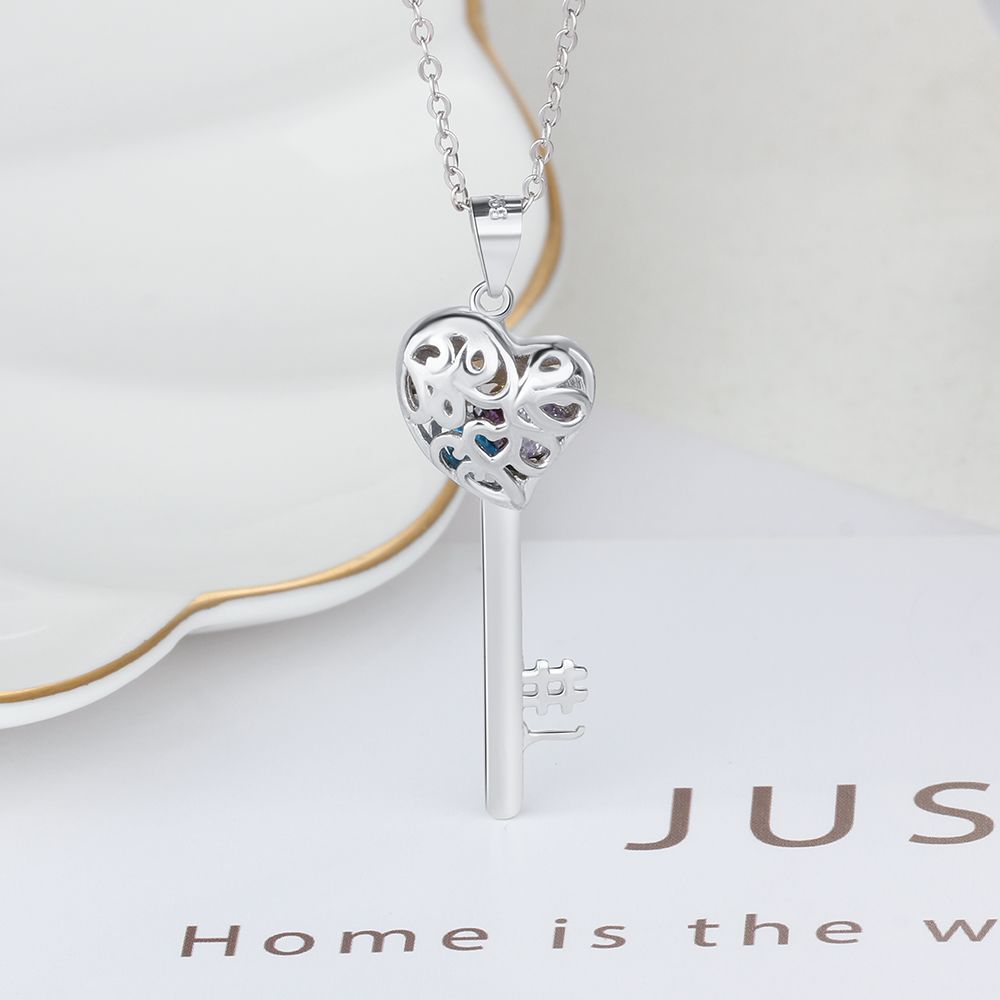 925 Silver Birthstones Personalized Names Heart Key Necklace