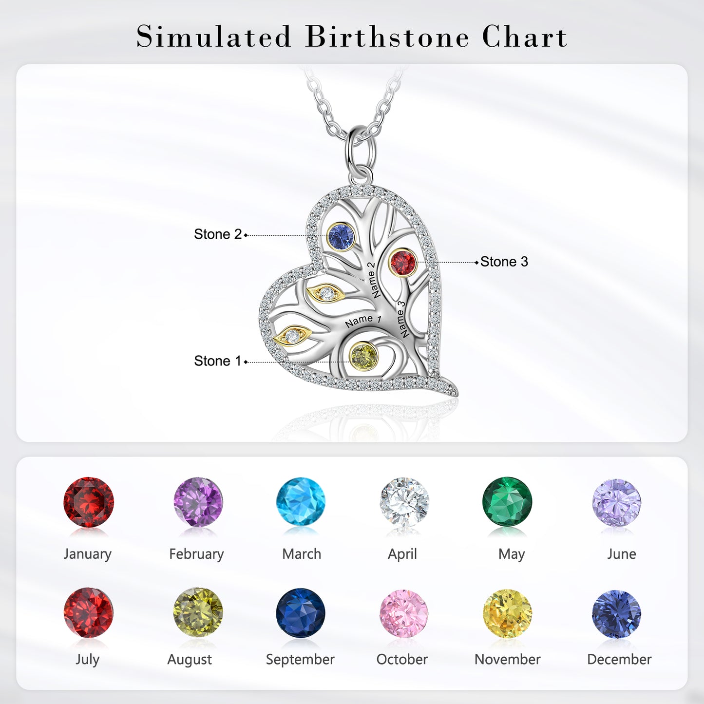 925 Sterling Silver Heart Necklace with Birthstone tree of life