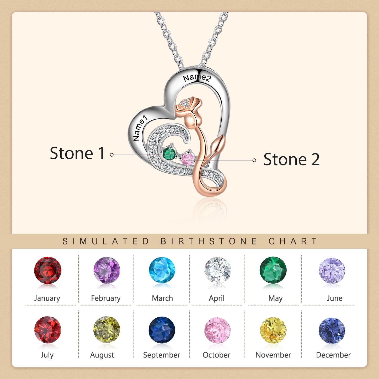 925 Sterling Silver Rose Flower Heart Pendant Necklace with birthstone