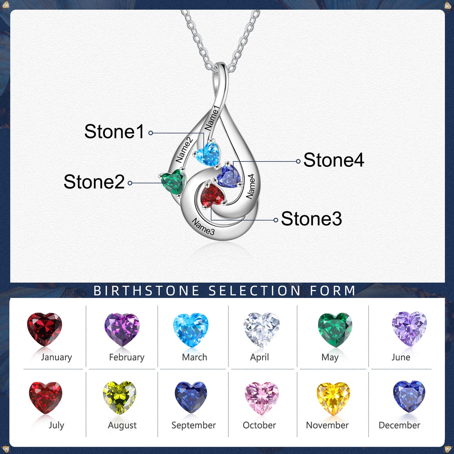 S925 Silver Birthstone Drop Shape Necklace