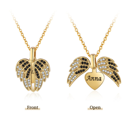 Engraved Name Heart Angle Wing Necklace