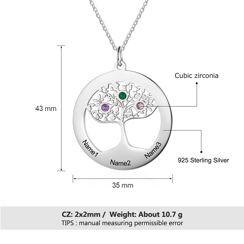 925 Sterling Silver Family Tree of Life Name Necklace with Zircon