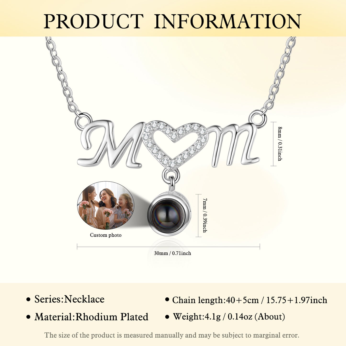 Mother's Day Custom Photo Projection Necklace with Mom