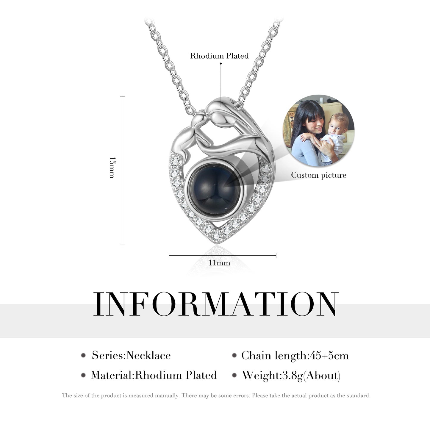 Custom Photo Projection Heart Necklace with Mother and Child