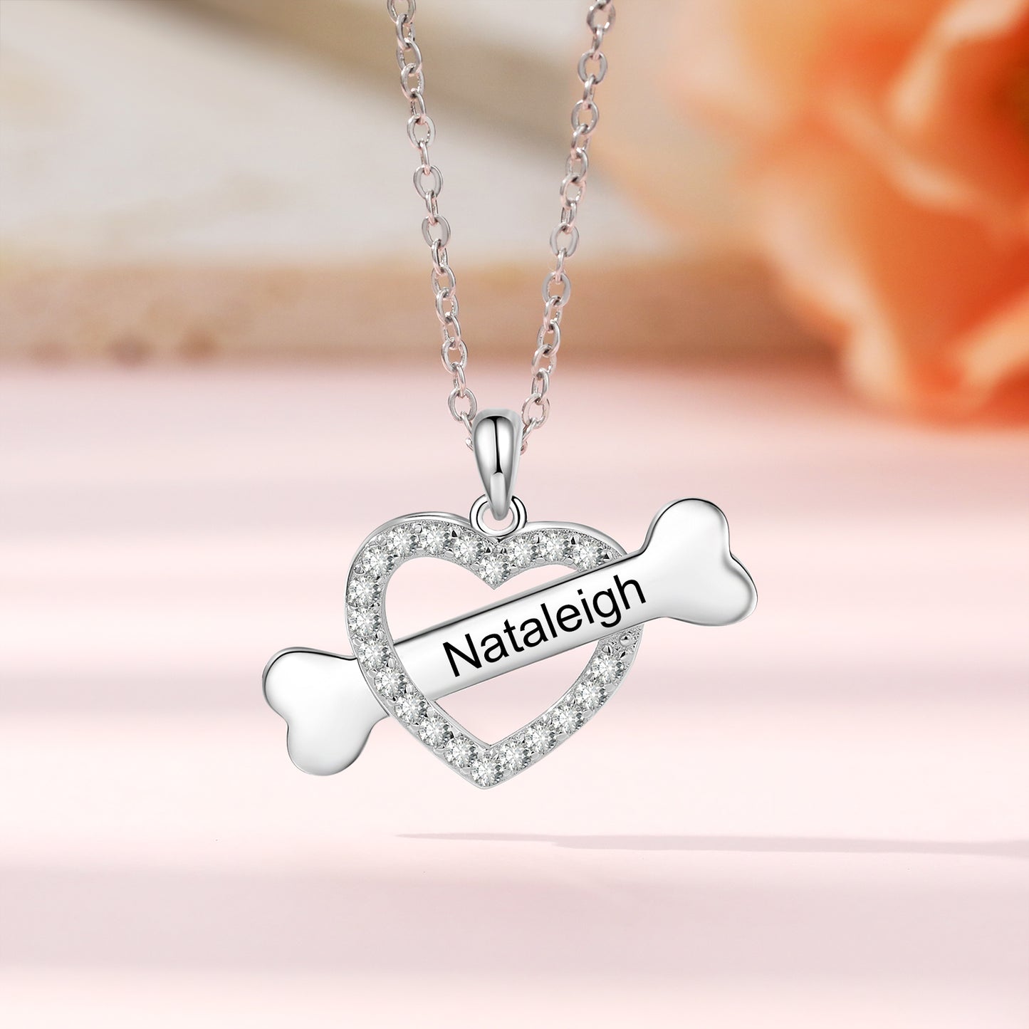 Custom Name Heart Necklace with Bone