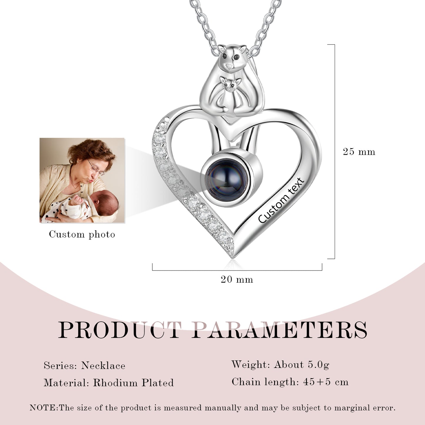 Custom Photo Projection Heart Necklace with Mother and Child Bear