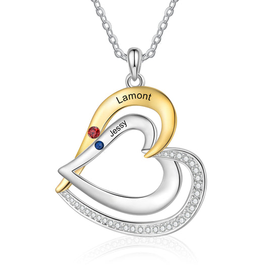 925 Sterling Silver Custom Birthstone Necklace double heart
