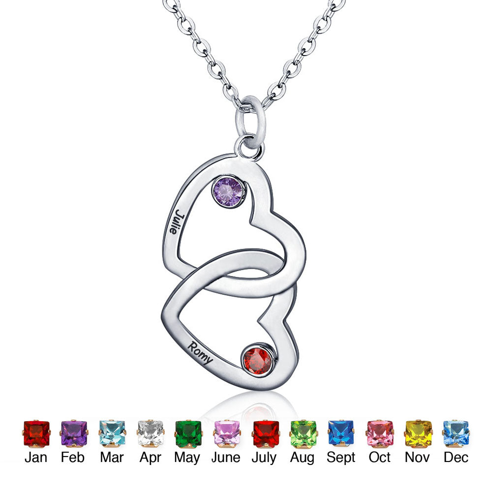 Silver Custom Name interlocking Heart Necklace and Birthstones