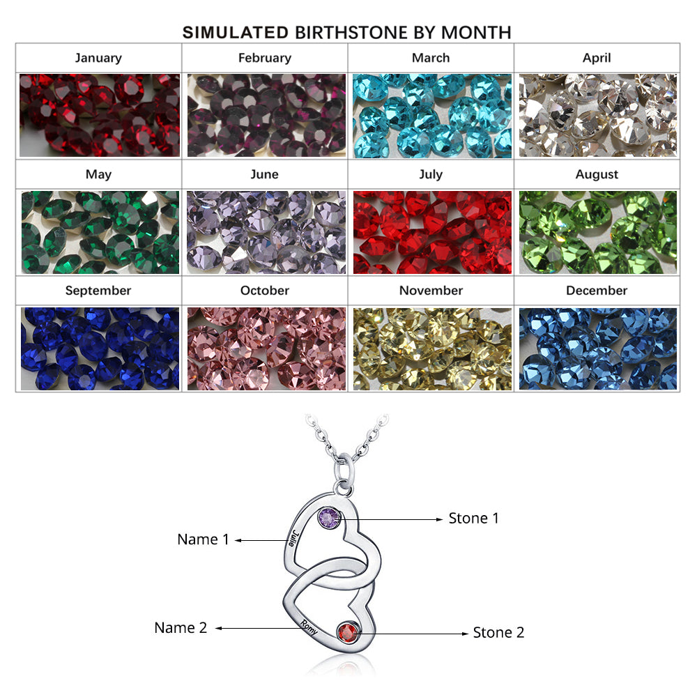 Silver Custom Name interlocking Heart Necklace and Birthstones