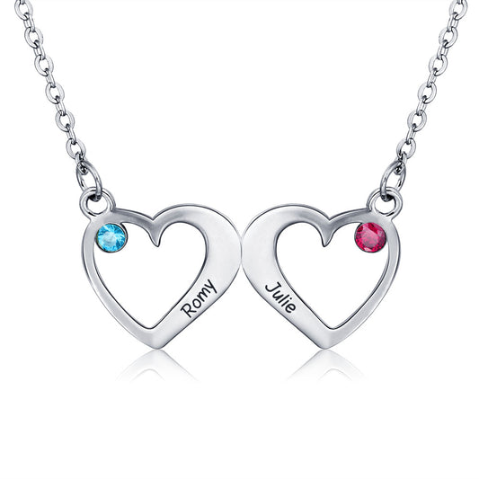 Double Heart with Personalized Names 925 Silver Cubic Zircon Pendant Necklace