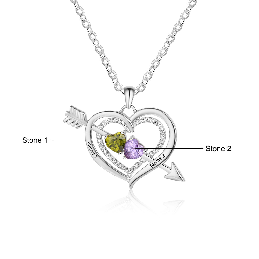 925 Silver Personalized Birthstones Heart Shape Necklace with Names Arrow