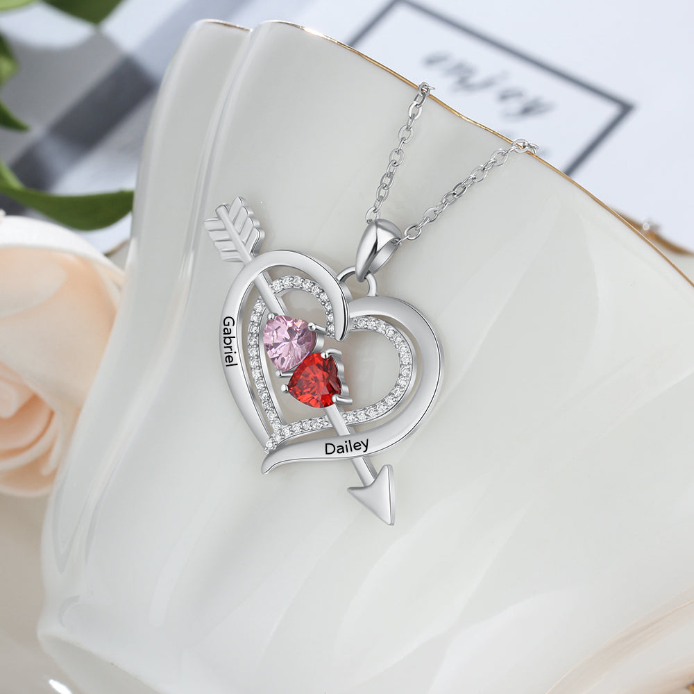 925 Silver Personalized Birthstones Heart Shape Necklace with Names Arrow