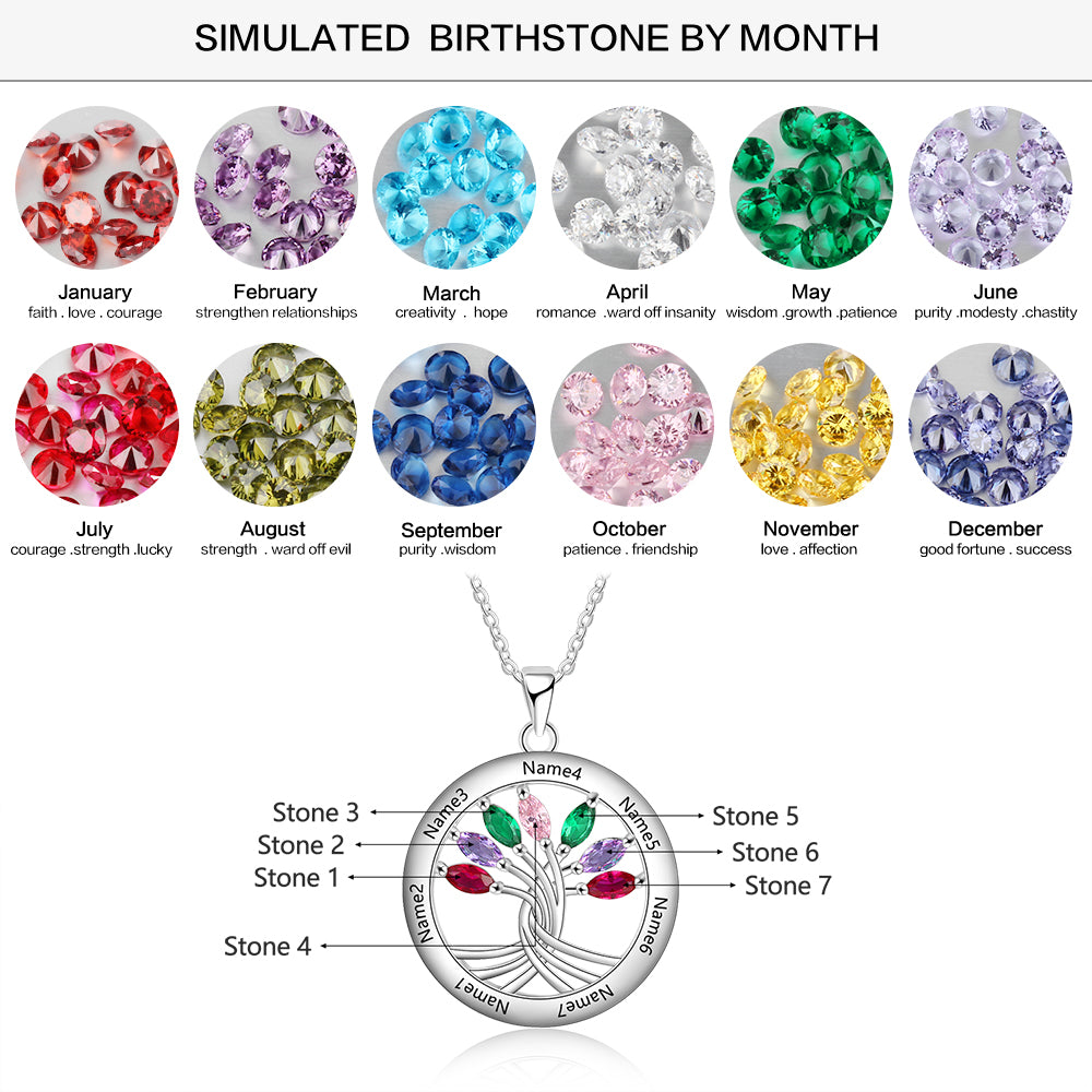 925 Sterling Silver Tree of Life family Necklace with Birthstones