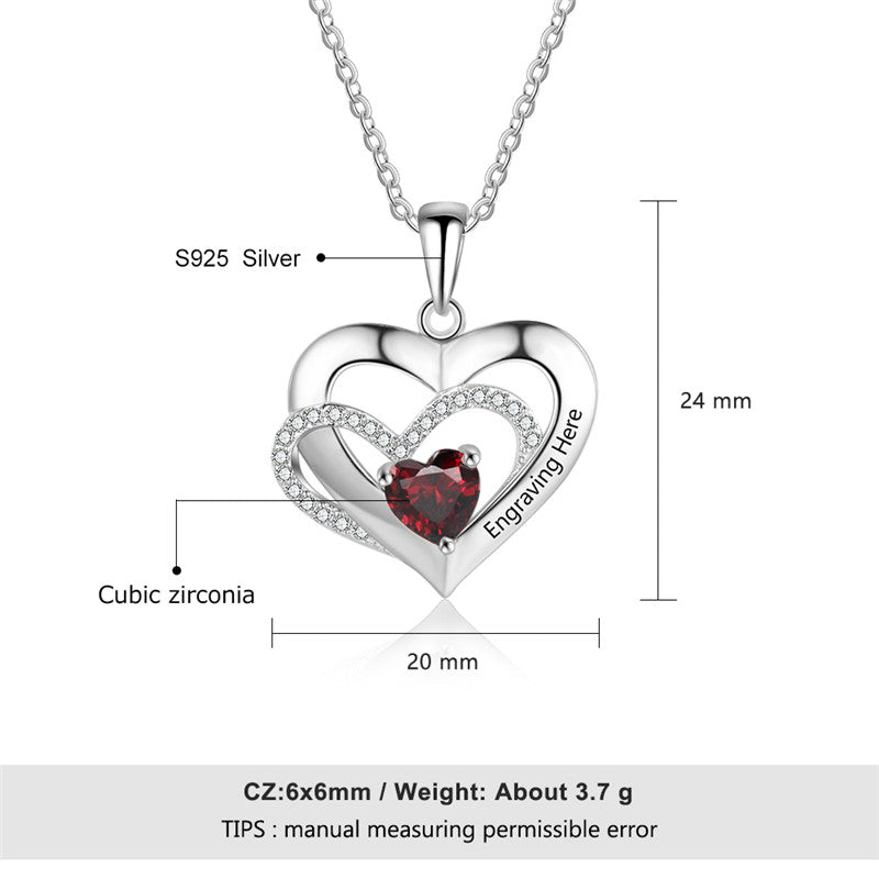 925 Sterling Silver Birthstone double Heart Necklace