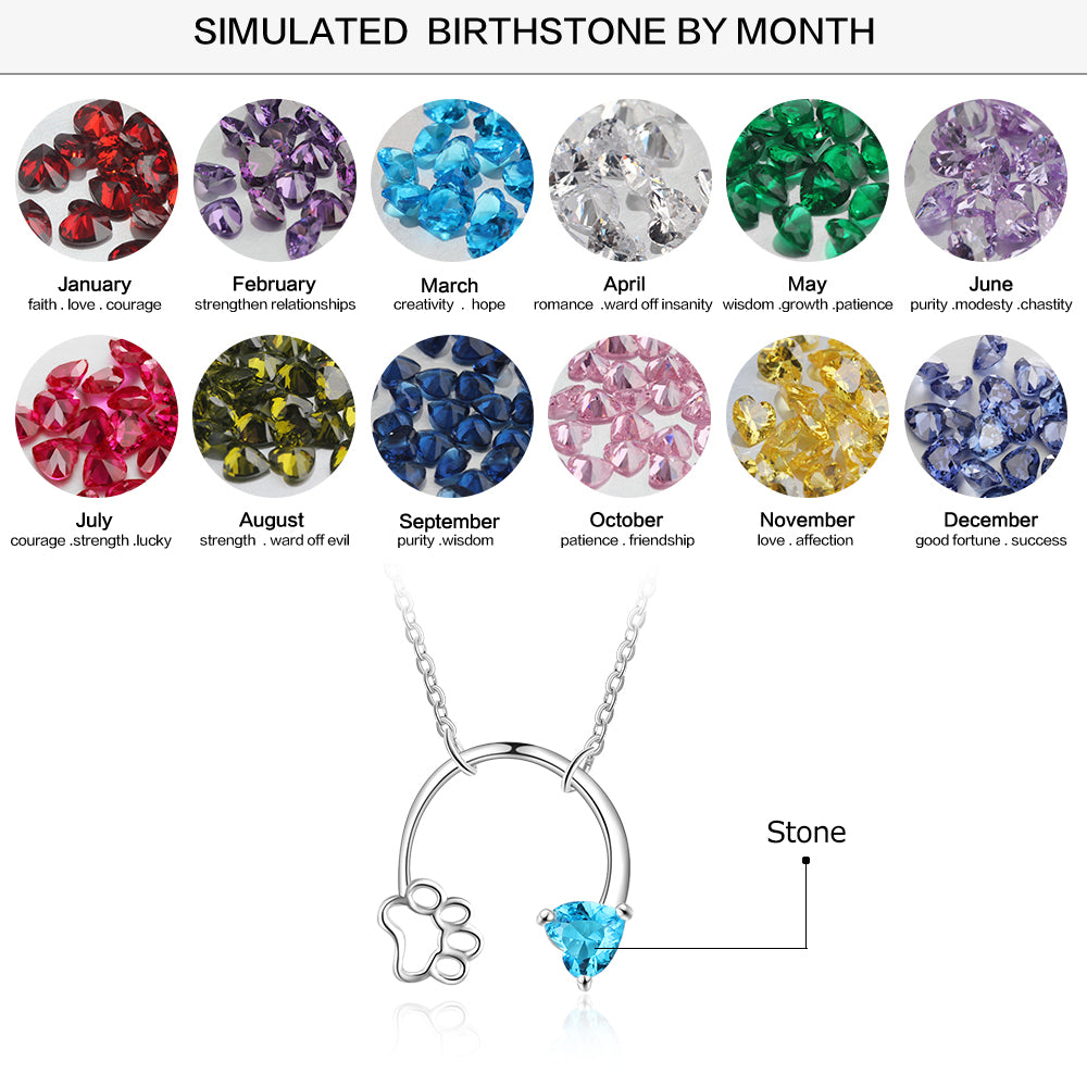 Paw cat Necklace with Heart Shape birthstone s925