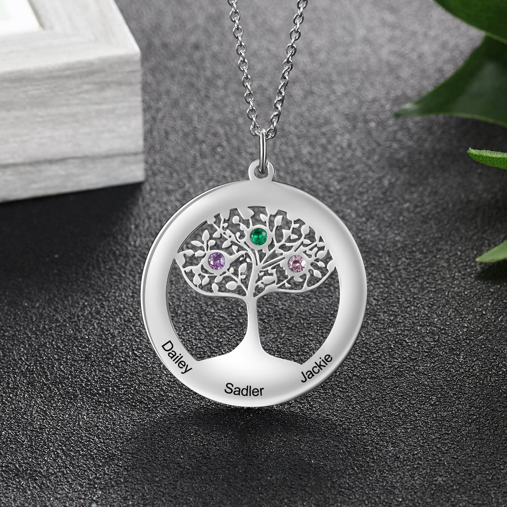 925 Sterling Silver Family Tree of Life Name Necklace with Zircon