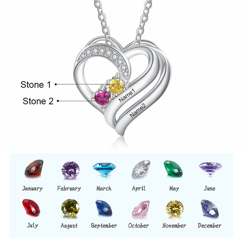 925 Sterling Silver heart Birthstone Necklace two names