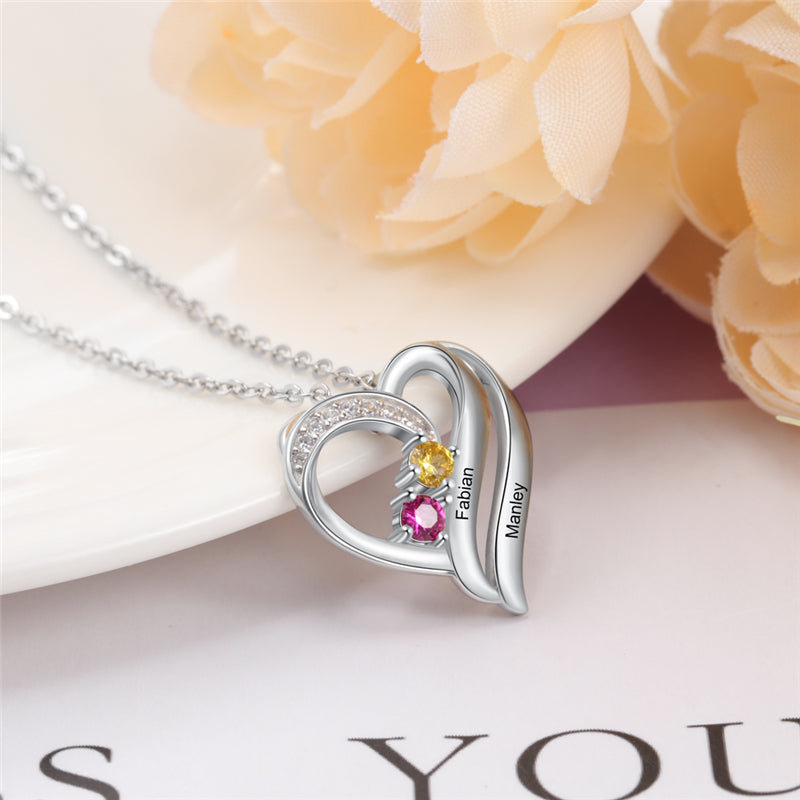 925 Sterling Silver heart Birthstone Necklace two names
