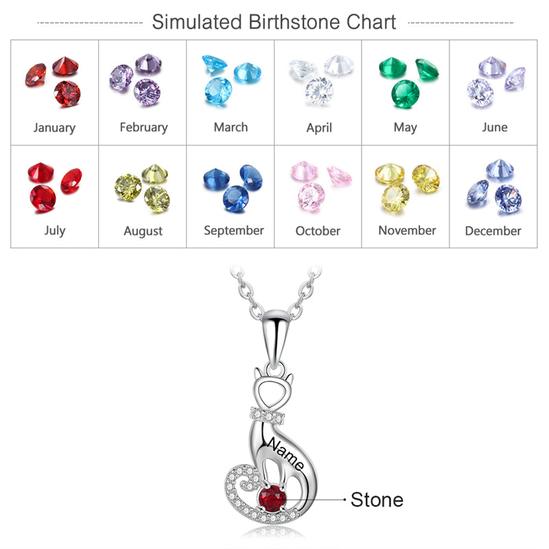 925 Sterling Silver cat shape Birthstone Necklace
