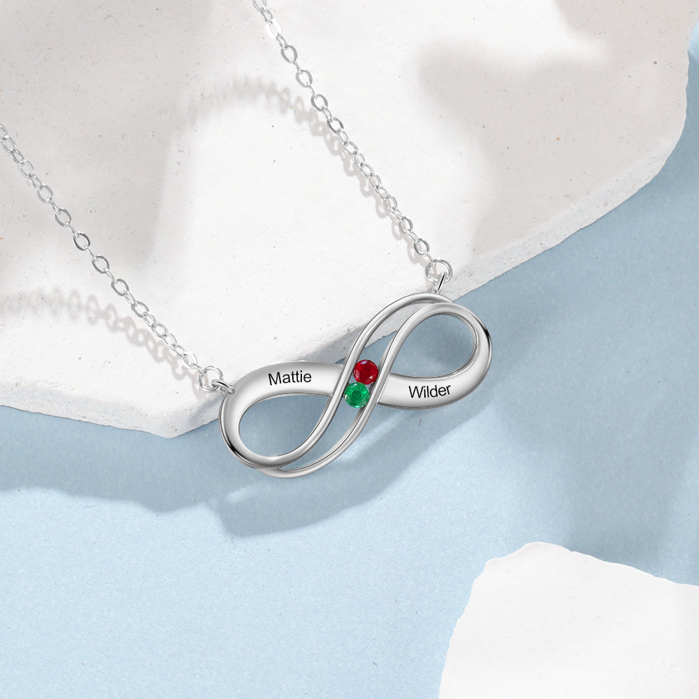 925 Sterling Silver Infinity Necklace with Birthstones and names