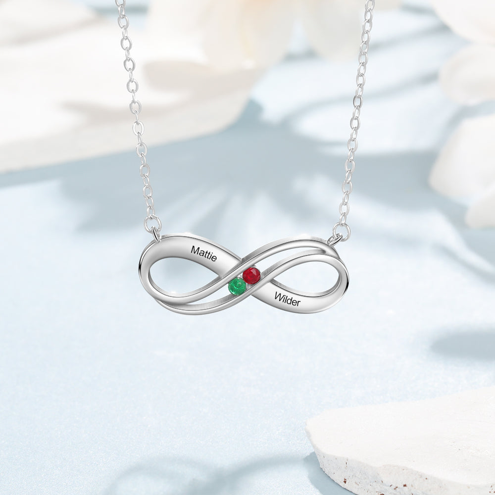 925 Sterling Silver Infinity Necklace with Birthstones and names