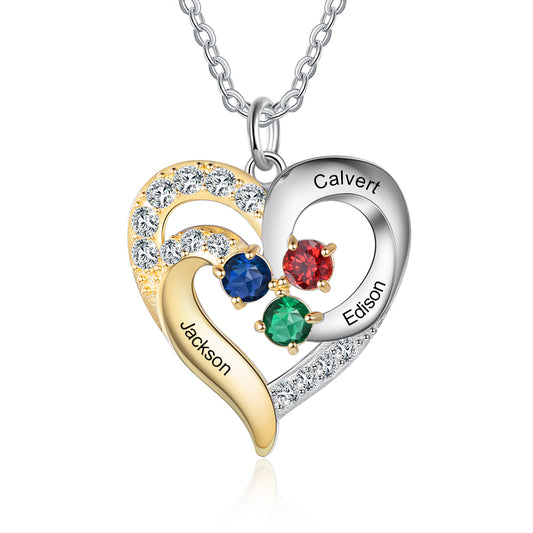 Heart gold Birthstone & Engraved S925silver Necklace