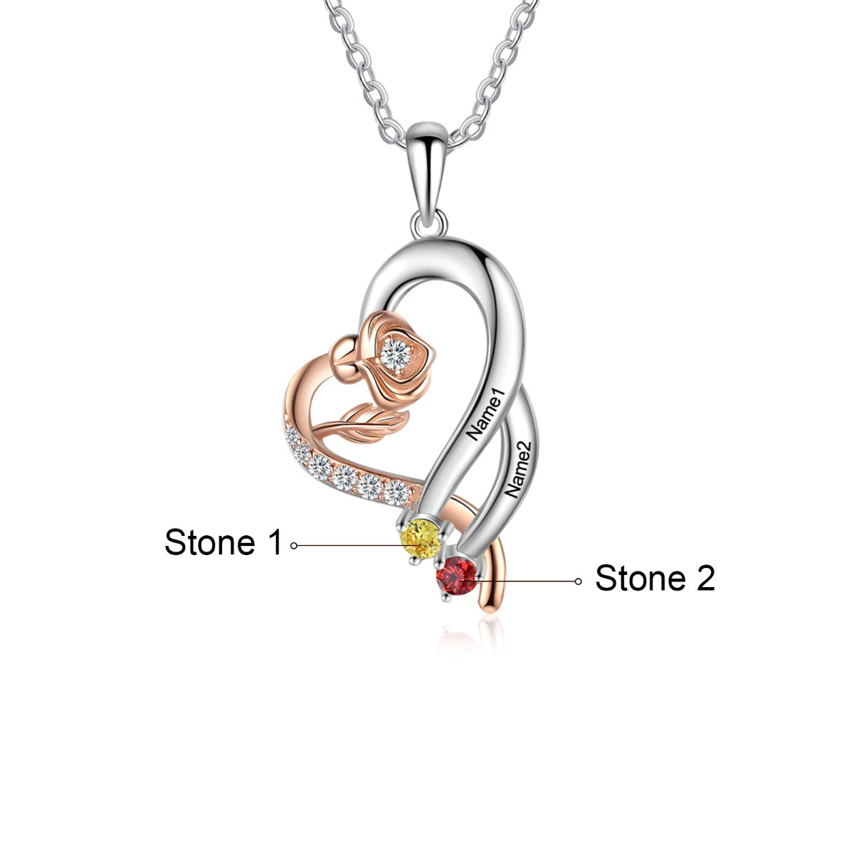Custom 925 Sterling Silver Rose Flower Heart Shape Pendant Necklace