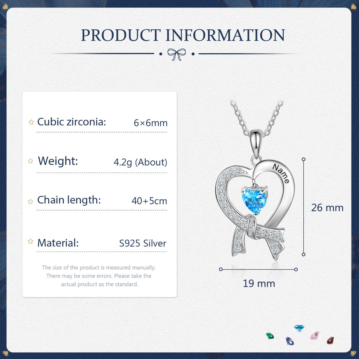 S925 Silver Birthstone Heart Shape Pendant Necklace