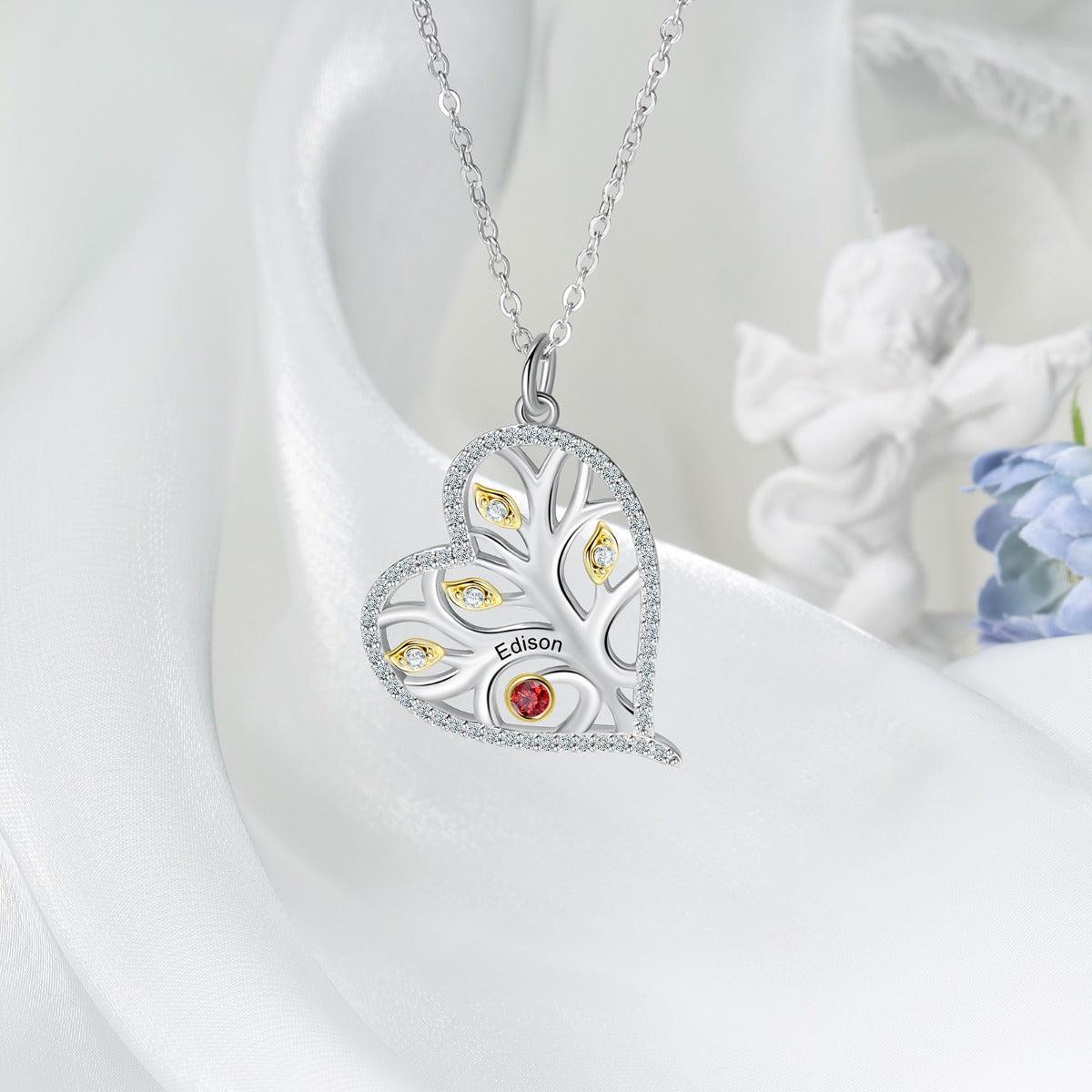925 Sterling Silver Heart Necklace with Birthstone tree of life