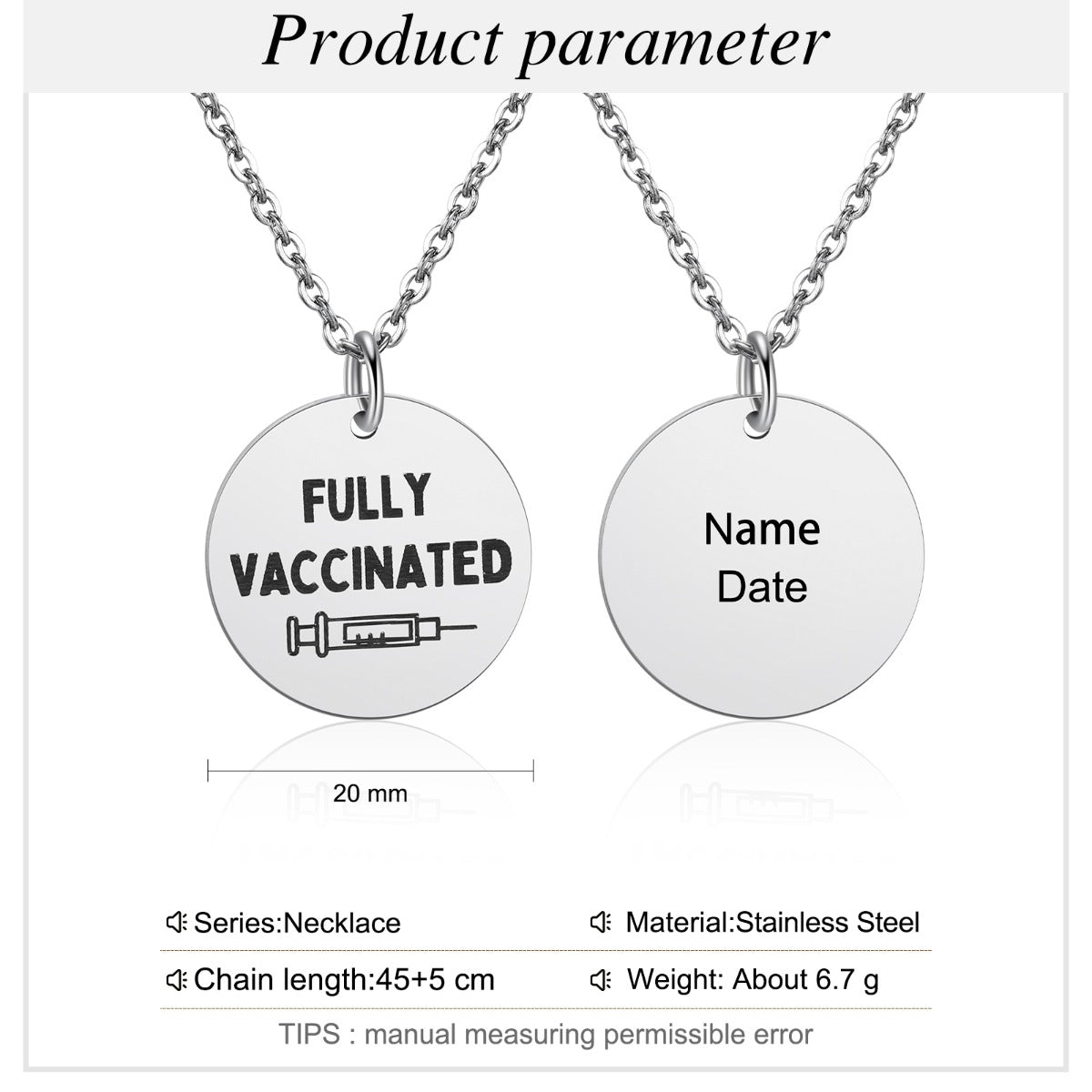 Personalized Stainless Steel Vaccination Necklace