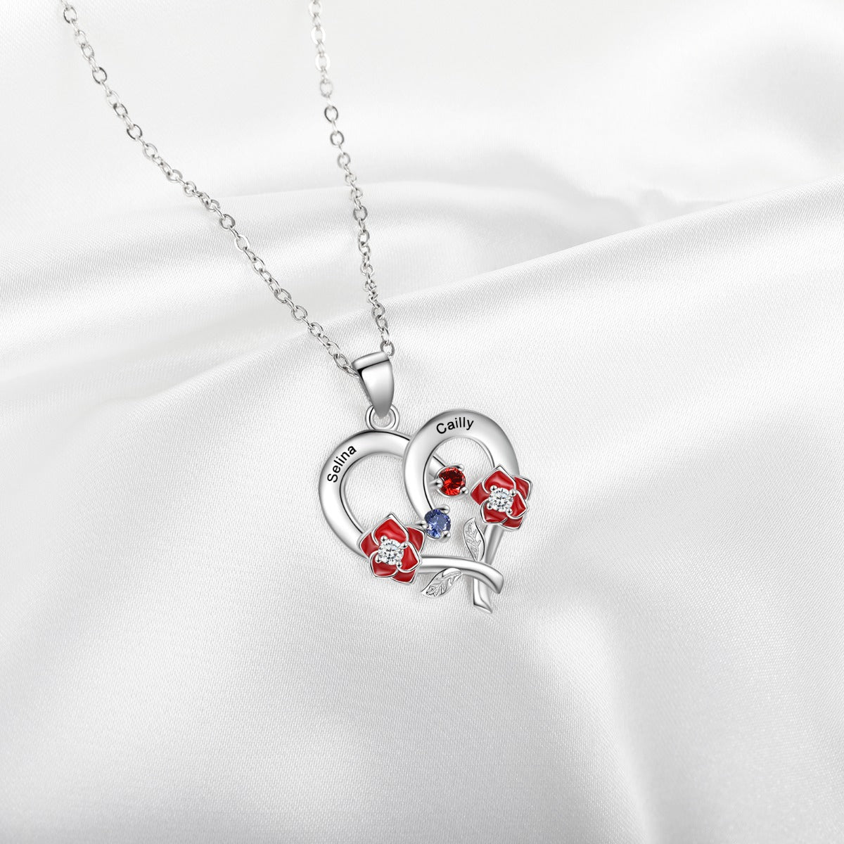 Personalized 925 Silver Custom Heart Rose Flower Necklace