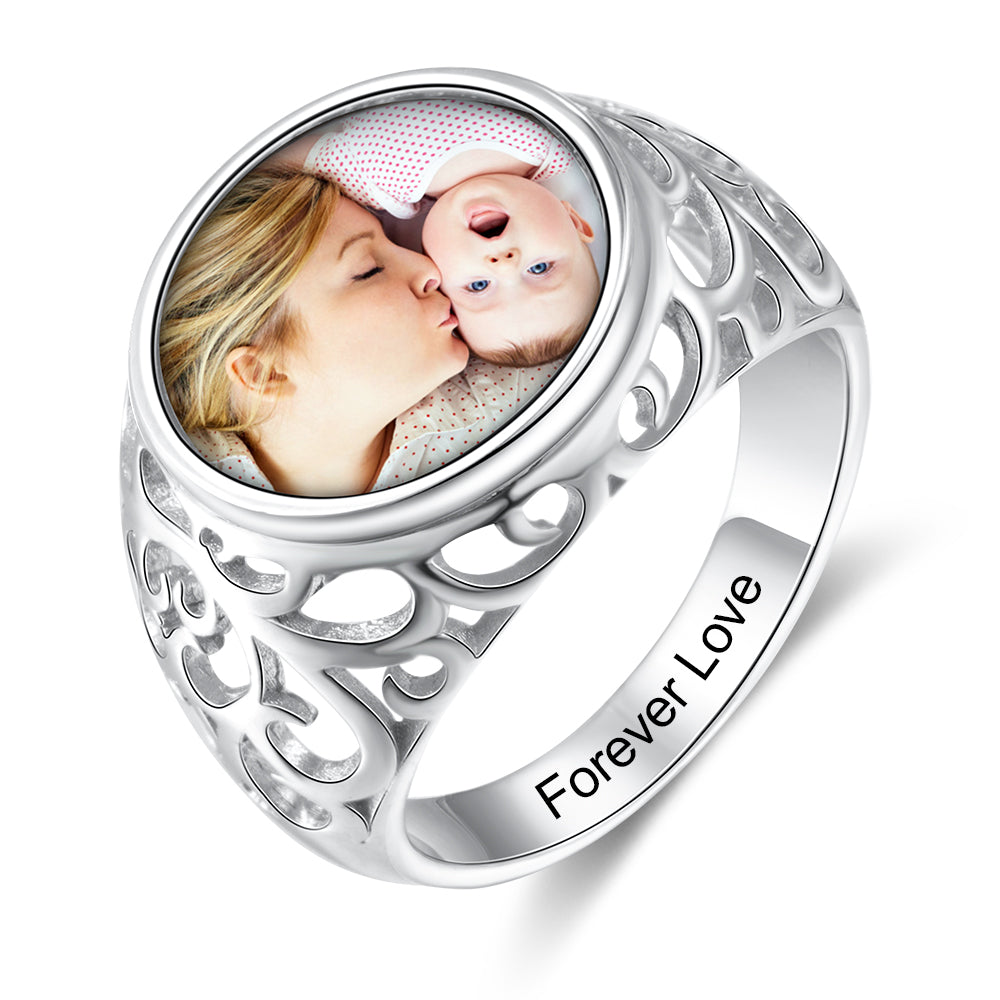 Personalized Photo Charm Rhodium Plated Ring