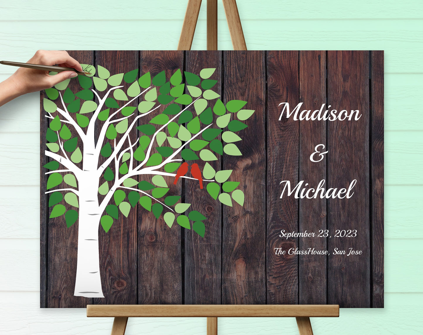 Personalized canvas guest book with wooden effect.