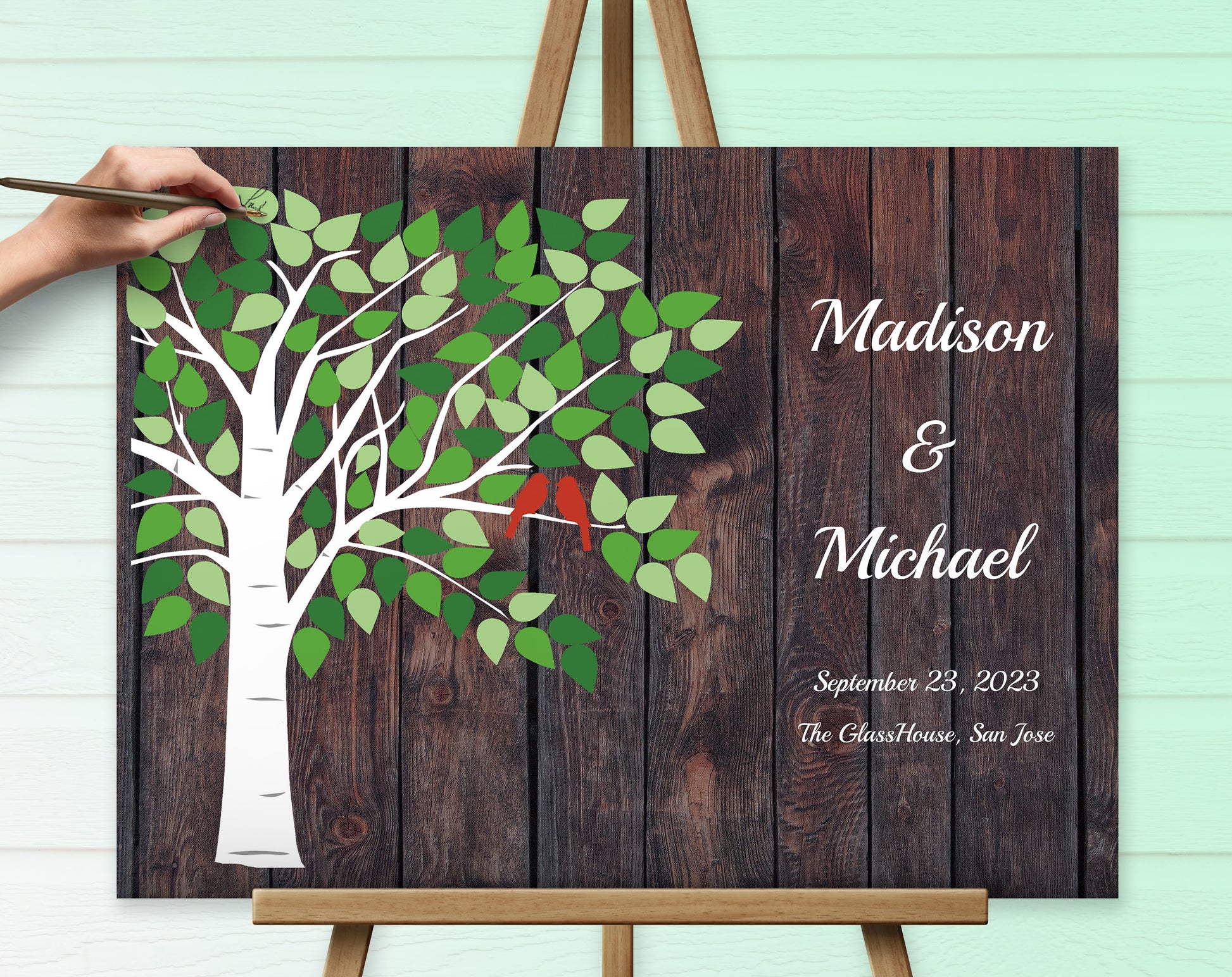 Wedding canvas guest book personalized and colorful white navy blue leaves.
