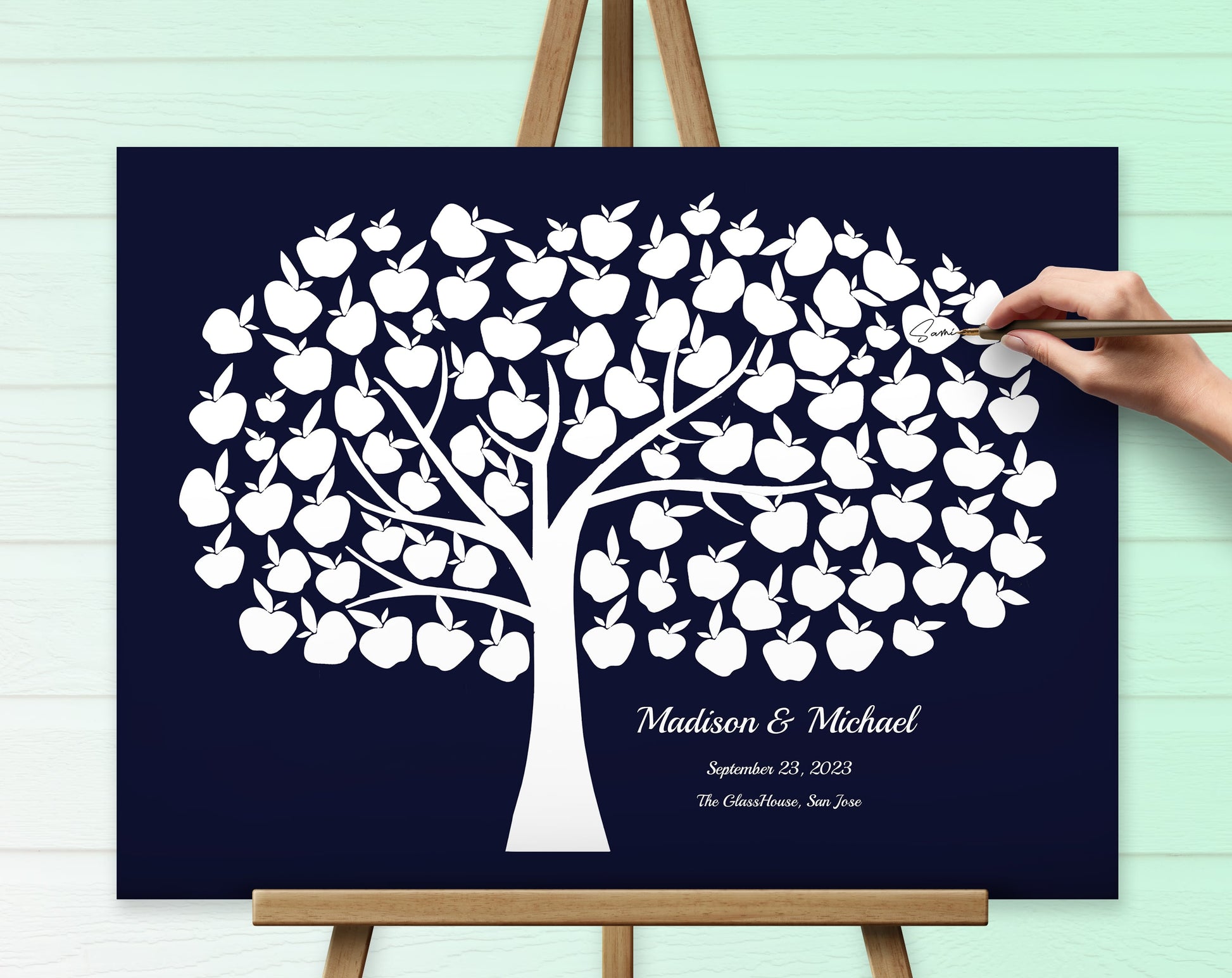 Wedding canvas guest book personalized and colorful white - navy blue creme leaves.
