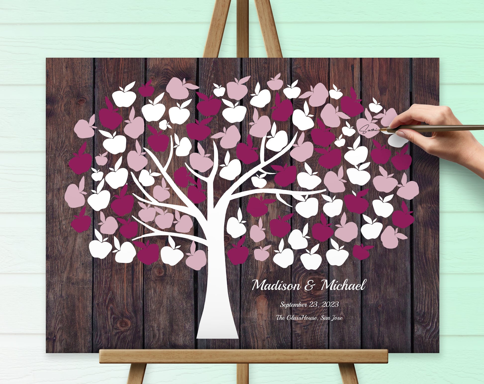 Wedding canvas guest book personalized and colorful pink creme leaves.