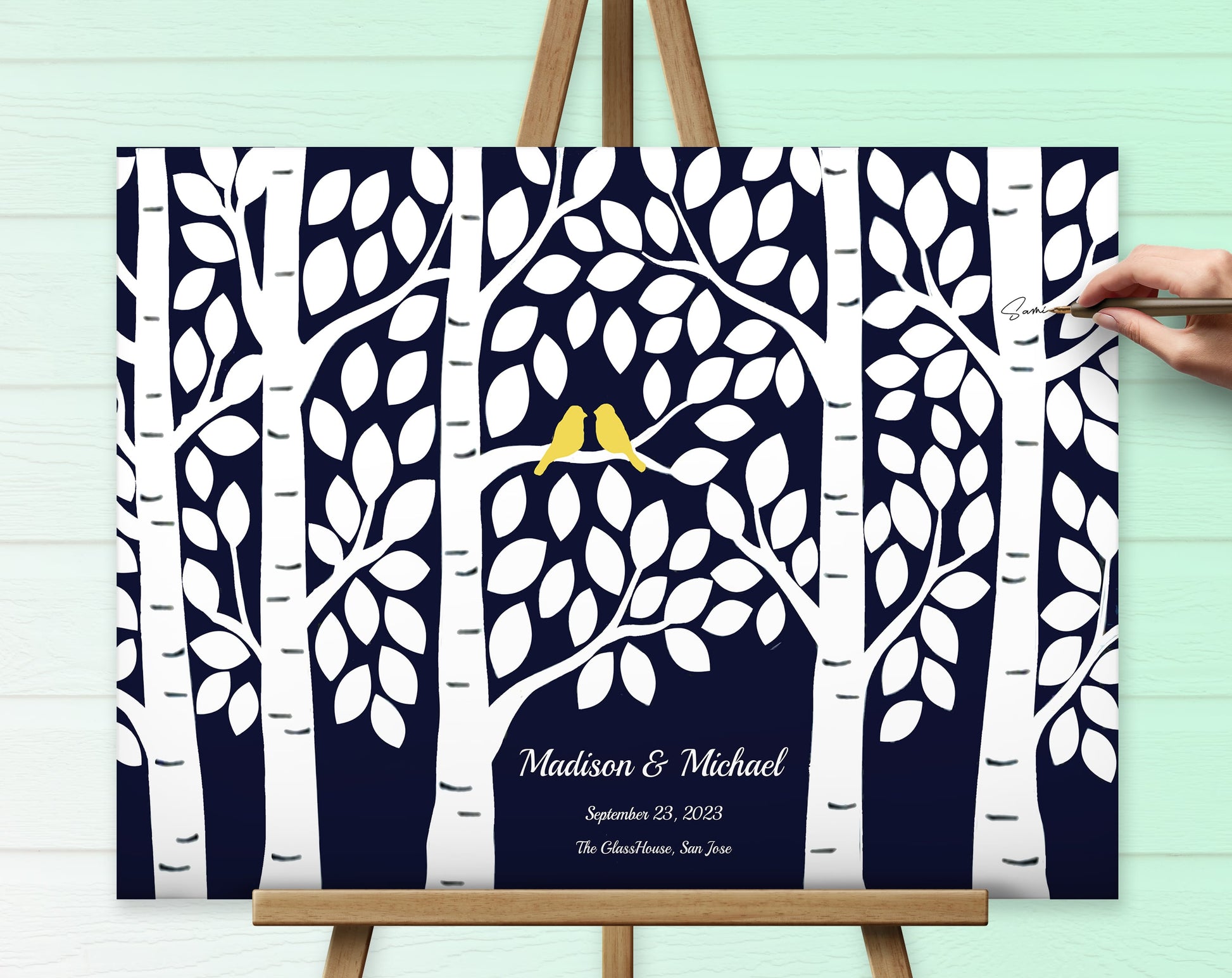 Wedding canvas guest book personalized and colorful white navy blue leaves.