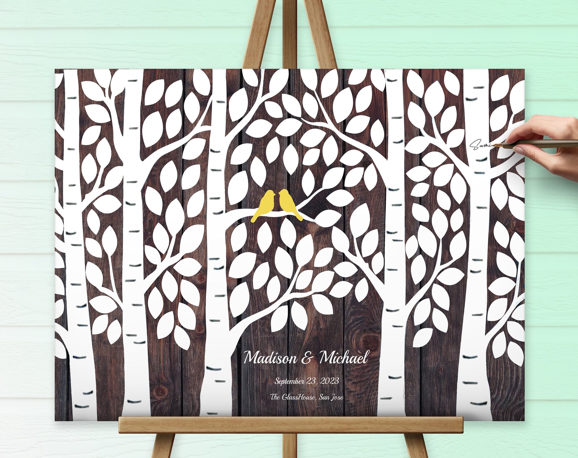 Wedding canvas guest book personalized and colorful white  brown leaves.