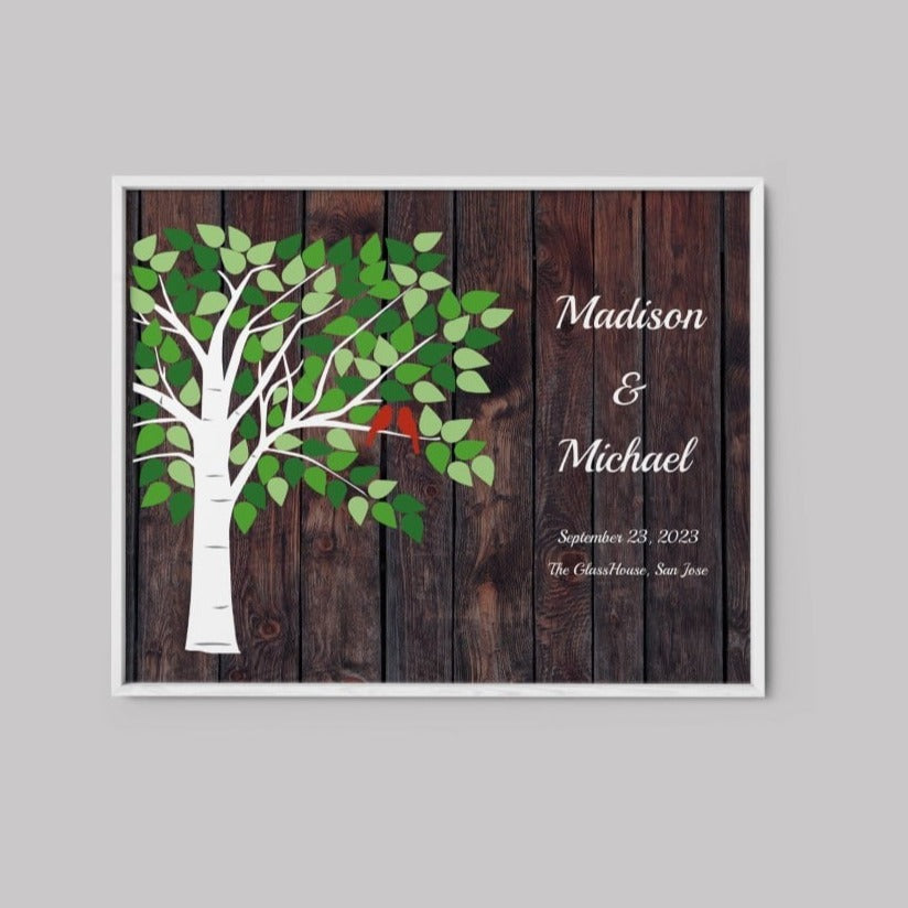 Personalized canvas guest book with wooden effect.