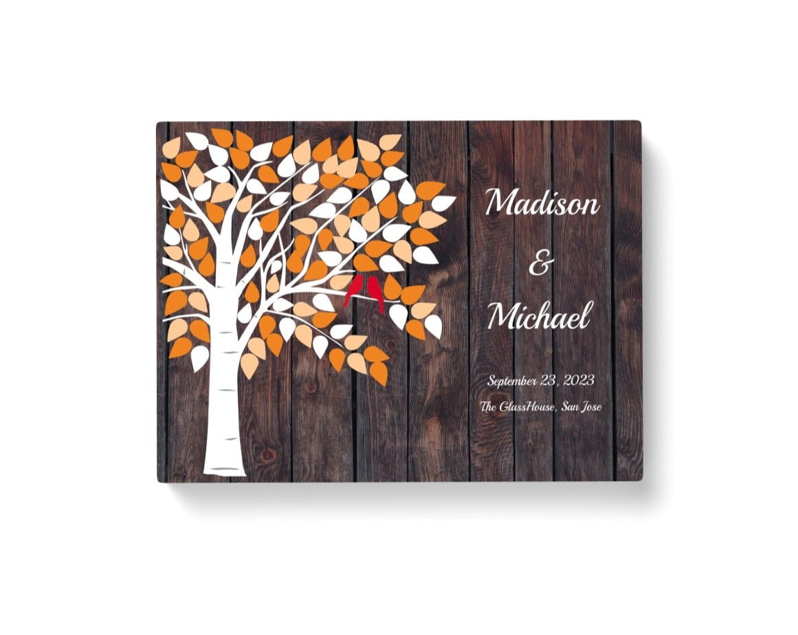Wedding canvas guest book personalized and colorful orange creme leaves.