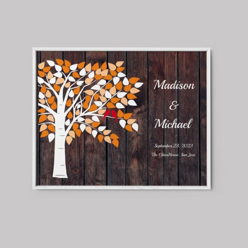 Wedding guest book poster personalized and colorful orange creme leaves.