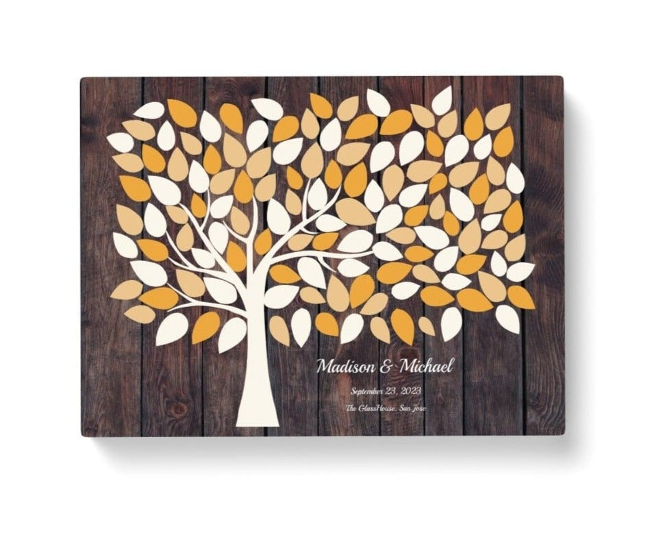Wedding canvas guest book personalized and colorful orange creme leaves. 