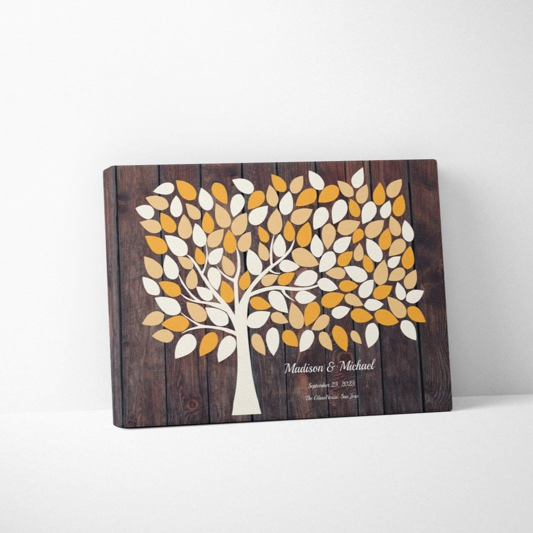 Wedding canvas guest book personalized and colorful orange creme leaves. 